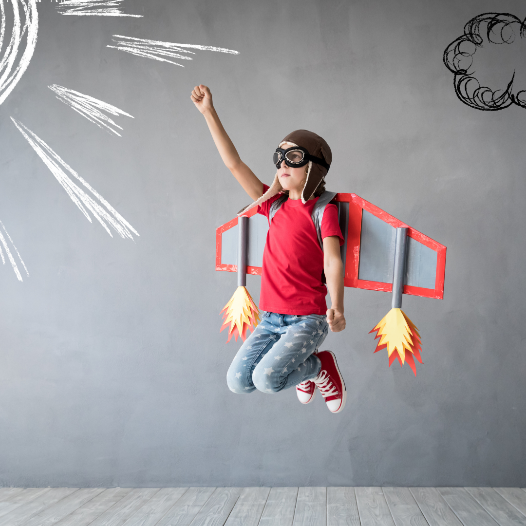 Girl jumping with jetpack